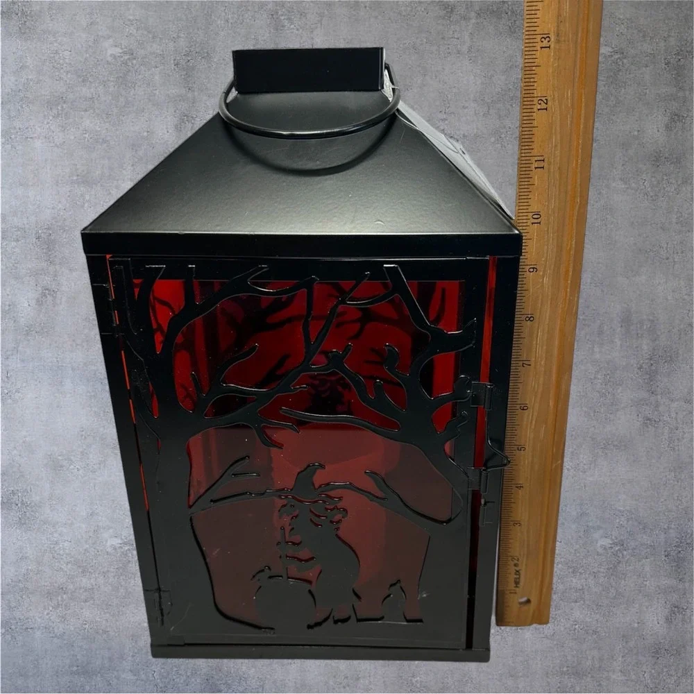 Illumination Halloween Witch Lantern LED Flameless Candle Black Red 13in Spooky